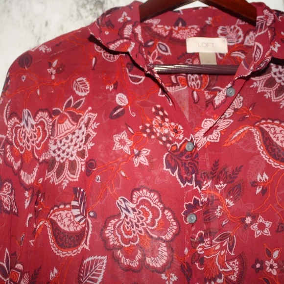 Red Paisley LOFT Top Semi-Sheer Long Sleeve XSmall - Picture 2 of 2